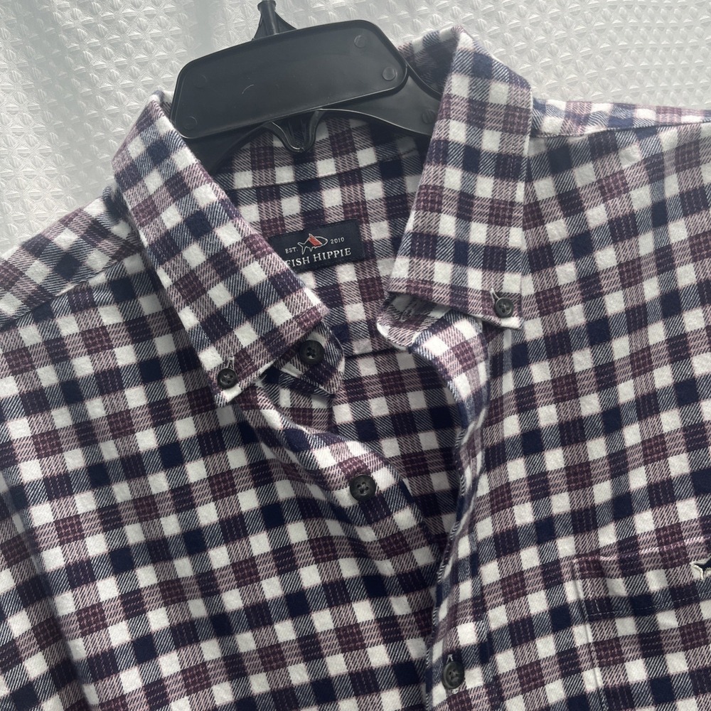 Fish Hippie Red White & Blue Plaid Flannel Button Down Shirt Large Gorpcore